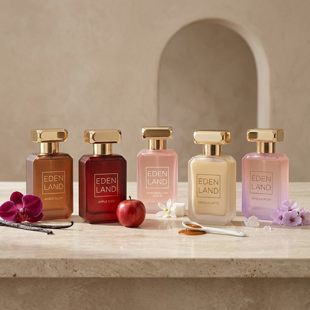 Eden Land fragrance bottles on marble